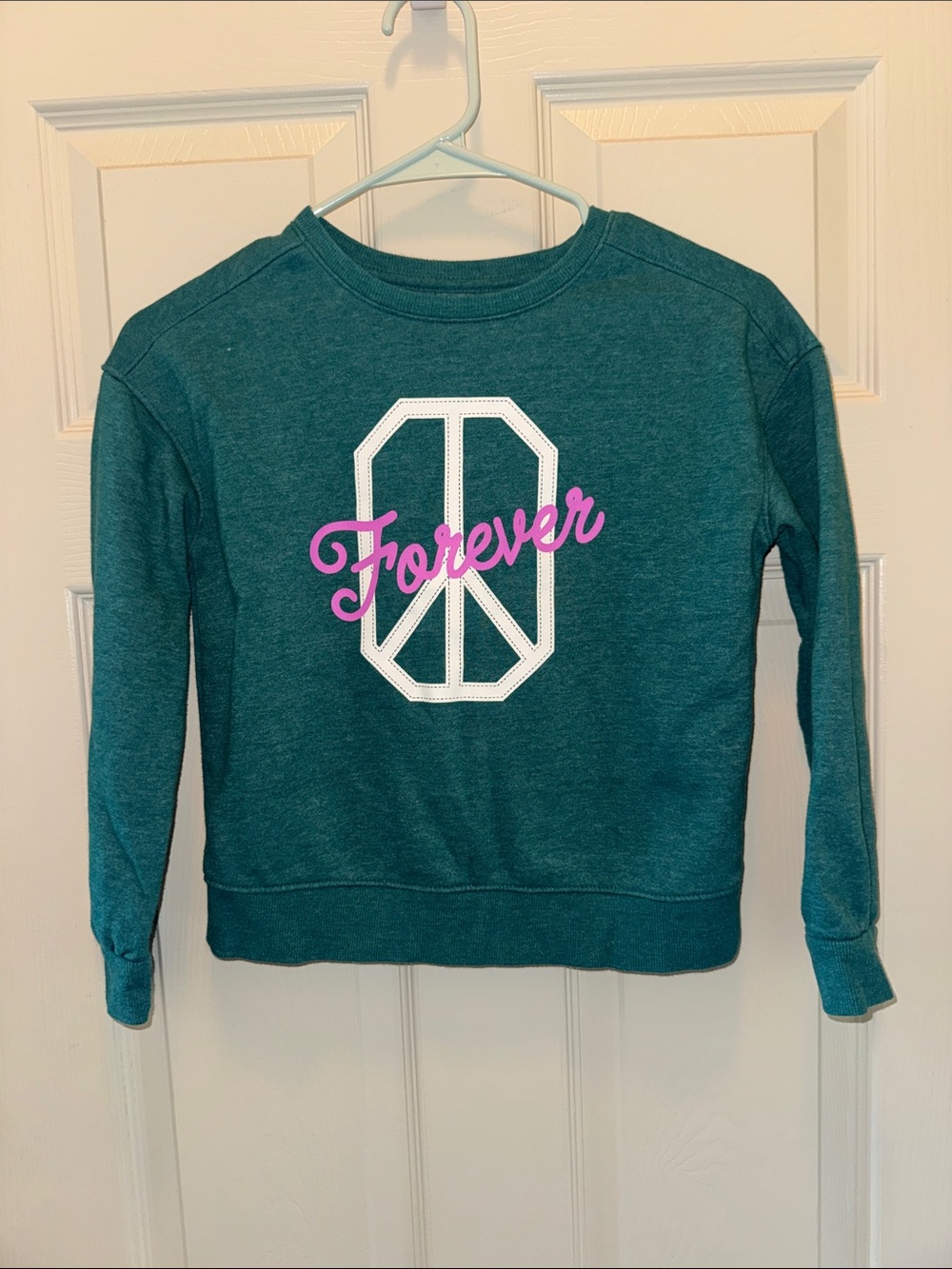 Cat & Jack Teal Sweatshirt with White Peace Sign and Pink "Forever" Graphic